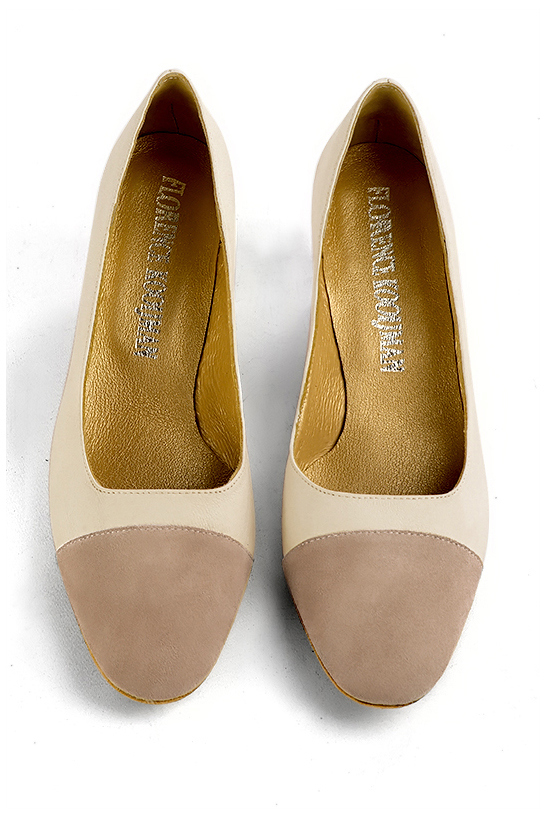Tan beige and champagne white women's dress pumps,with a square neckline. Round toe. Medium block heels. Top view - Florence KOOIJMAN